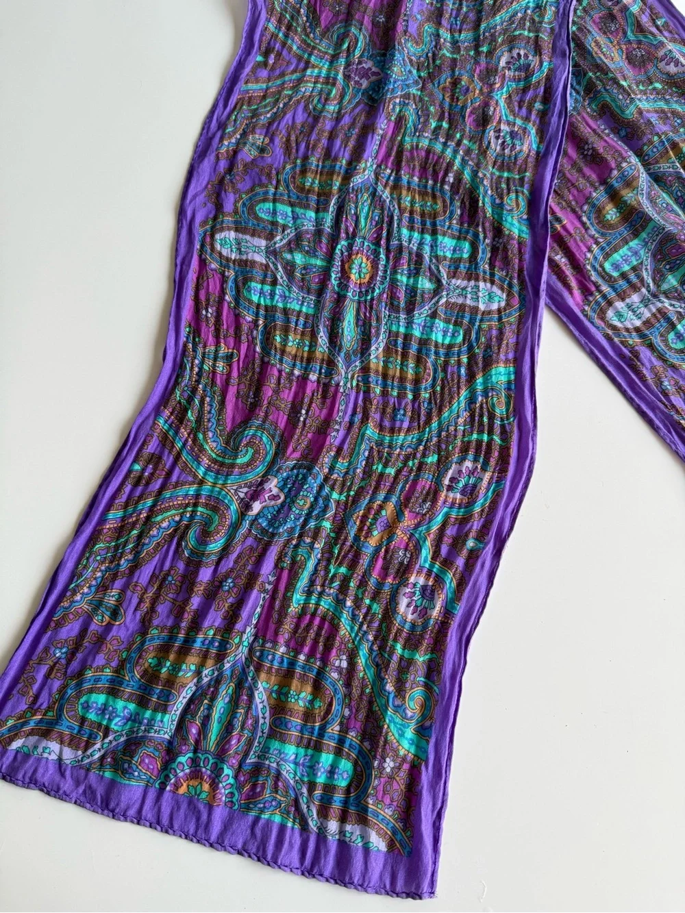 Vintage 70s Silk Scarf Purple Turquoise Paisley Boho Long Neck Scarf 48”